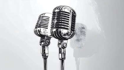 Two vintage microphones stand against a softly textured white and grey background