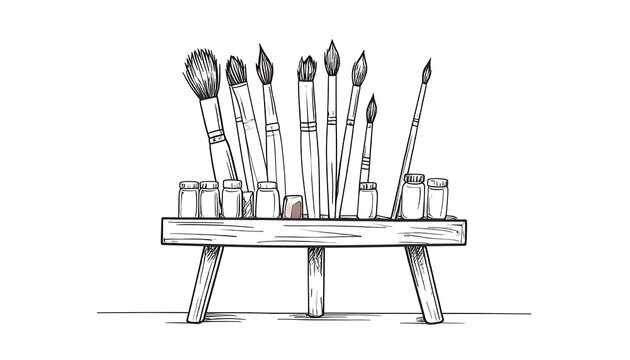 Sketch of an array of various artist paint brushes displayed on a wooden stand