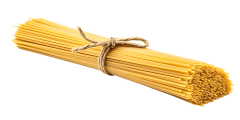 Bundle of uncooked spaghetti pasta tied with twine isolated on a transparent background 1