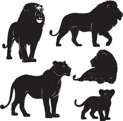 Lion Silhouette Set, Black and White Vector Illustration Featuring Male, Female, and Cub in Standing, Walking, and Resting Poses