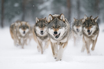 Fototapeta premium Winter wolves running in snow