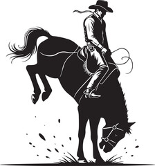 Rodeo Cowboy on Bucking Horse, Black Silhouette Illustration Capturing Bronc Riding Action and Western Spirit