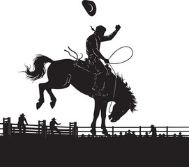 Rodeo Cowboy in Action, Black Silhouette Illustration of Bronc Riding with Flying Hat and Spectator Fence