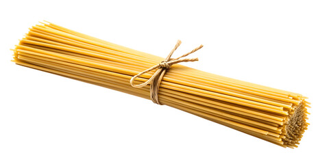 Bundle of uncooked spaghetti pasta tied with twine isolated on a transparent background 