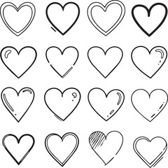 Heart Icon Collection, Black and White 4×4 Grid of Stylized Heart Designs with Outlines, Shading, and Texture Variations