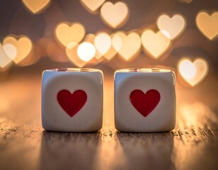 Two dice with hearts, bokeh background