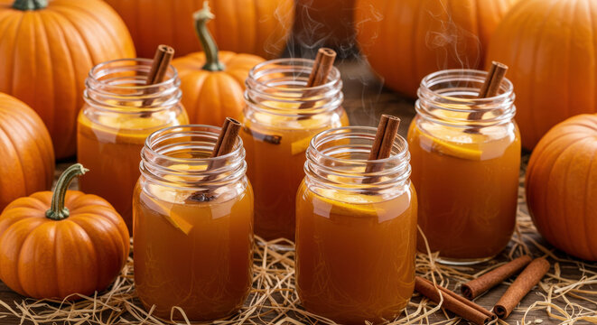 Spiced apple cider served in mason jars with cinnamon sticks, surrounded by pumpkins and hay. - Powered by Adobe