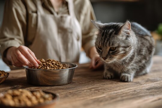 Owner feeds cat and dog in kitchen while preparing dry food in bowls for their mealtime enjoyment and nutrition