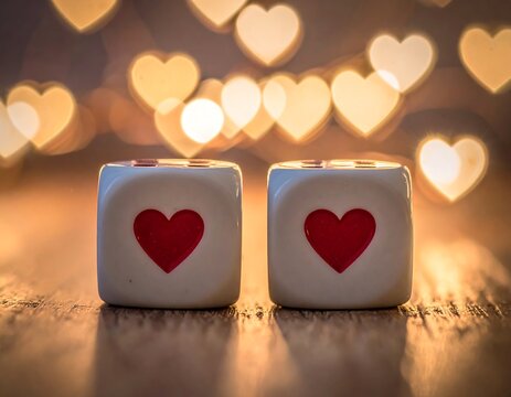 Two dice with hearts, bokeh background - Powered by Adobe