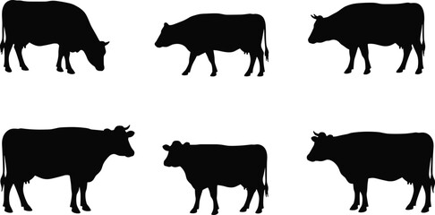 Cow silhouettes collection, grazing cattle, standing cow, sitting cow, farm animals, livestock illustration, rural agriculture design, black shapes, animal posture study