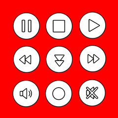 Icon set red isolated media player control buttons play, pause, stop, record, volume, mute