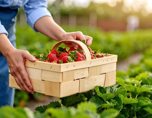 A woman harvests strawberries