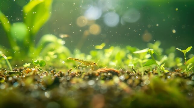 A tiny freshwater shrimp navigates the lush green plants of an aquarium