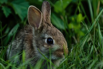 Fototapeta premium Close-up of a curious rabbit nestled in lush green grass during a bright afternoon in a serene natural setting