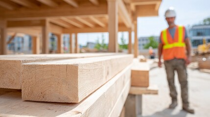 Construction Site Featuring Wooden Beams and a Worker in Safety Gear. house building, lumber construction, eco housing, real estate development, eco construction, timber engineering concept