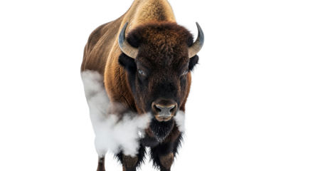 Bison stands in a snowy field with breath visible in the cold air.