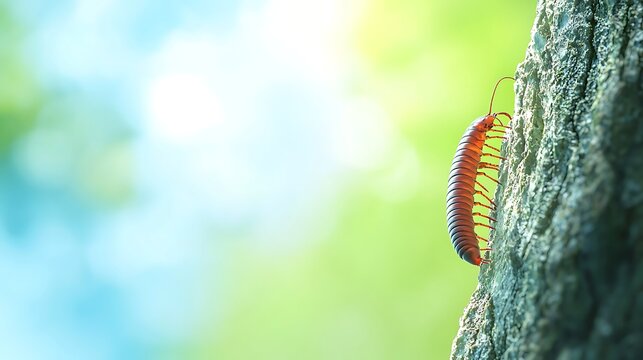 A red millipede climbs up the rough bark of a tree with a blurred green and blue background