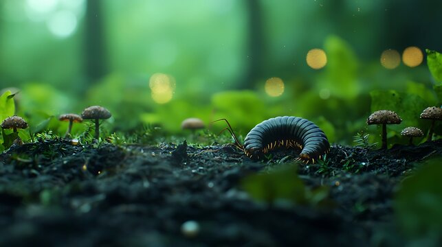 A millipede crawls through the lush green forest floor among small mushrooms and bokeh lights
