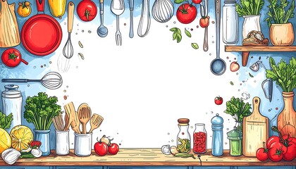 Whimsical kitchen utensils and fresh ingredients arranged artistically on blue background