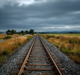 Obraz premium Railroad tracks stretching into a vast landscape under a stormy sky