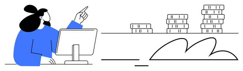 Woman seated at a computer pointing toward stacks of coins, symbolizing analysis, strategy, and growth. Ideal for finance, investment, wealth management, savings, economic planning business simple