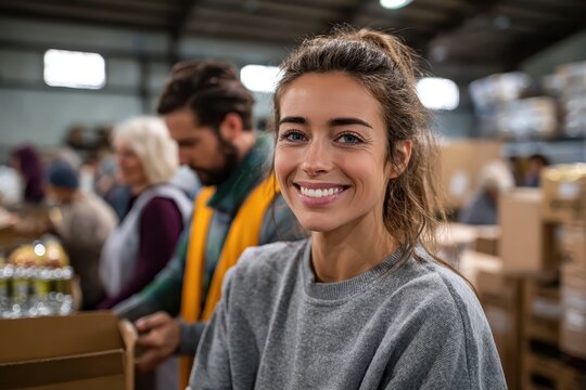 Volunteers engage in packing supplies for a charitable organization in a busy warehouse setting