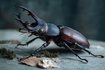 Detailed close-up of an adult male stag beetle exhibiting realistic textures and features in a natural habitat setting, showcasing its impressive mandibles and vibrant coloration