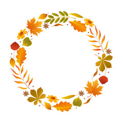Vector illustration of a floral wreath made of fallen autumn leaves, seasonal flowers, anise stars isolated on white background. Elegant decorative frame for fall design, seasonal greeting cards, etc.