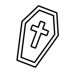 Obraz premium Vector cartoon minimalist line art icon of coffin with cross isolated on white background. Halloween spooky outline symbol.