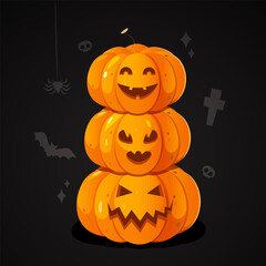 Cartoon vector illustration of a stack of three pumpkins with carved smiling, surprised and angry face expressions on a black gradient background with silhouettes of a spider, bat, skull, cross, etc