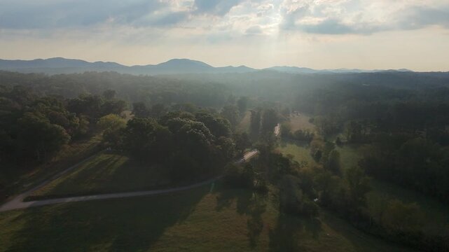 Aerial moody morning over countryside in North Georgia Mountains