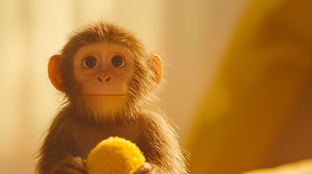 A cute baby monkey holding a yellow ball in its hands with a soft background