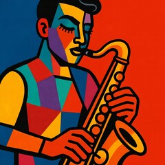 A stylized digital illustration of a saxophonist, featuring a geometric patchwork composition