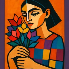 A stylized digital illustration of a young woman holding a bouquet of flowers, featuring a geometric patchwork composition.
