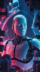 Futuristic Robotics Display, Close-Up of a Cyborg, Digital Environment, High-Tech Art, Neon Aesthetic, Sci-Fi Concept