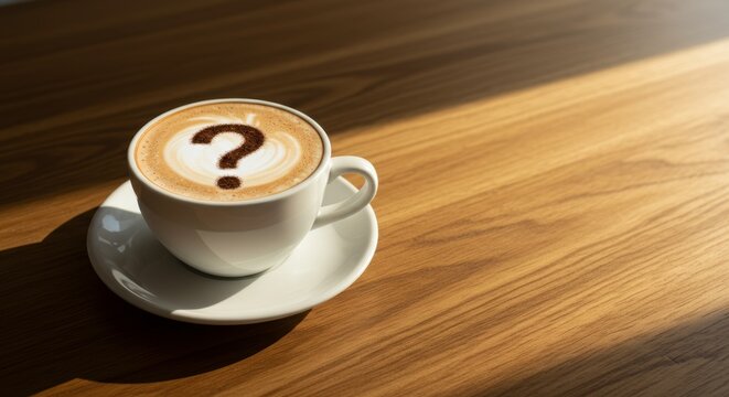 Coffee cup with question mark latte art in sunlit café setting for creative exploration