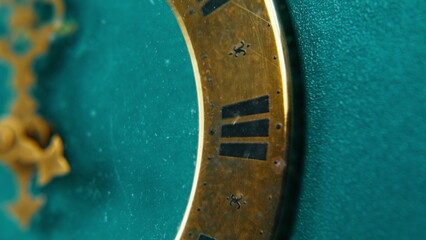 Vintage dial showing time in quiet minimal space closeup. Beautiful retro clock