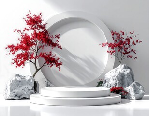 Minimalist, white display podium with red trees and rocks