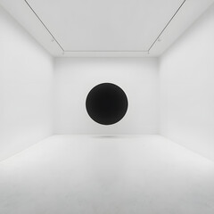 An immersive, minimalist art installation, where a perfect black sphere levitates in a pure white, gallery-like space, creating a captivating visual experience. 