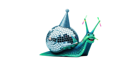 Cartoon snail with disco ball shell and party hat on white background.