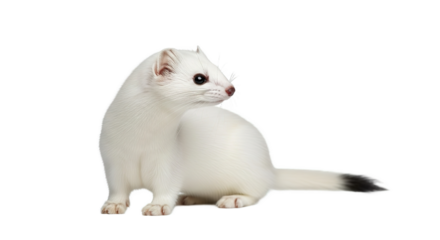 White stoat or ermine with black tipped tail isolated on white background.