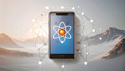 Phone displays atom icon over mountain landscape, connected by network of dots & lines