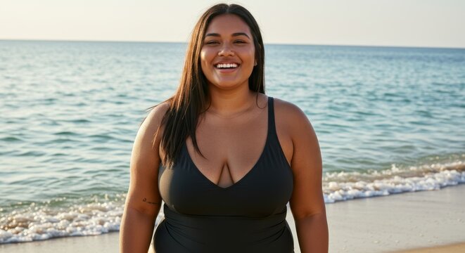 Woman smiling in swimsuit on beach at sunset - joyful summer vacation