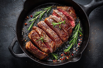 Sliced steak, seared in a cast iron skillet, garnished with rosemary and pepper