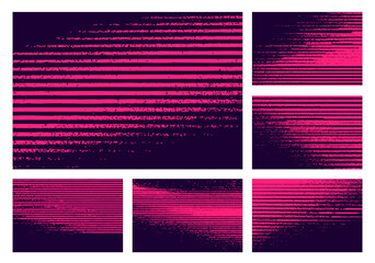 Abstract vector set with neon pink glitch stripes on dark backgrounds. Distorted noisy textures for futuristic, urban, and modern creative design projects.