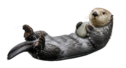 Sea otter floating on its back holding a shell against a white background.