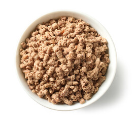 bowl of prepared minced ground beef meat isolated on white background