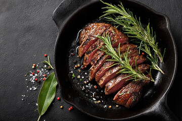 Sliced steak in cast iron skillet, rosemary sprigs