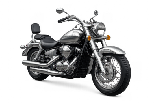 Chrome cruiser motorcycle parked, showcasing classic design