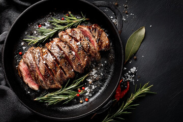 Sliced steak in cast iron skillet, garnished with herbs and spices